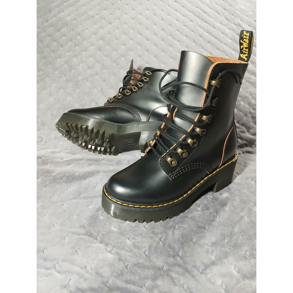 Dr. Martens Leona Black Leather Platform Heeled Combat Boots Womens 5
